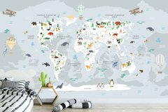 Детская карта мира с животными в серых тонах