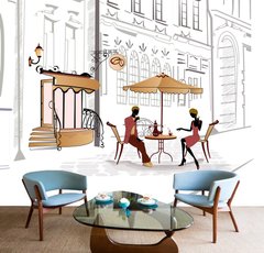 Cafenea de stradă și turiști la o masă sub o umbrelă