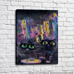 Pisici negre pe fundalul orașului