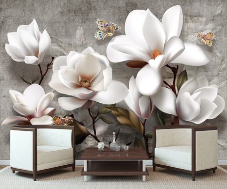 Flori mari de magnolie cu efect 3D și fluturi pe un fundal grunge gri