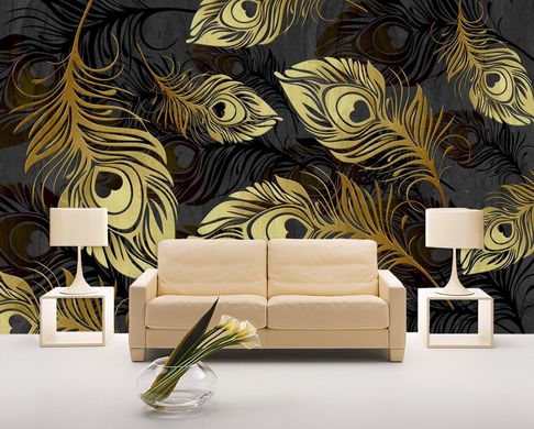 Абстракция из золотых и черных перьев павлина на темном фоне