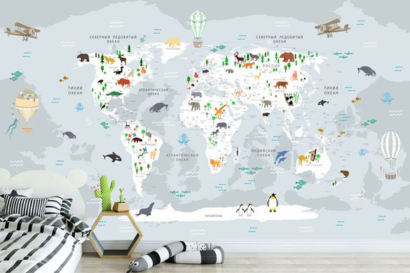 Harta lumii pentru copii cu animale în tonuri de gri