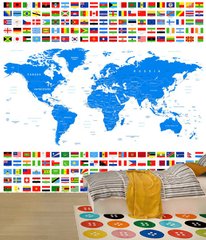 Harta albastra a lumii pe fundal alb si steagurile tarilor