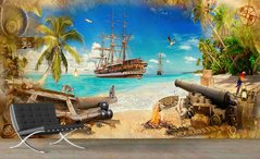 Морской берег с кораблями и пиратскими сокровищами