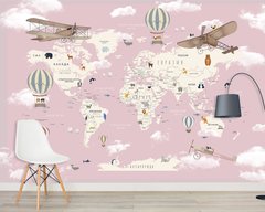 Harta lumii pe un fundal roz, cu baloane și avioane