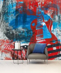 Interior de chitară și cafenea în culori roșu și albastru