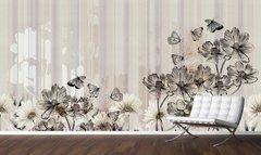 Цветы и бабочки на бежевом полосатом фоне