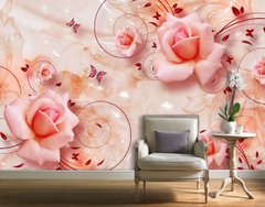 Фотообои 3Д светло кремовые розы и бордовые узоры