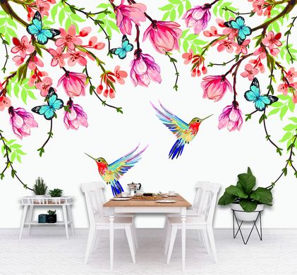 Păsări colibri multicolore și un arc de plante cu flori