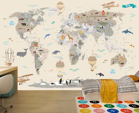 Детская карта мира с животными и воздушными шарами на бежевом фоне