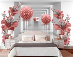 Пастельно бордовые 3Д цветы и шары, серый туннель