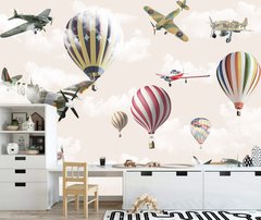 Воздушные шары и самолеты на бежевом фоне неба с облаками