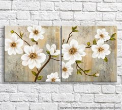 Белые цветы на ветвях, на фоне абстракции, диптих