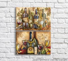 Бутылки с вином, фрукты и сыр в ретро стиле, диптих