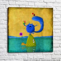Синий кот с букетом на рыбе и божья коровка
