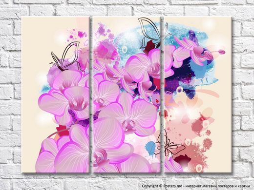Abstracție florală cu ramuri de orhidee roz și fluturi