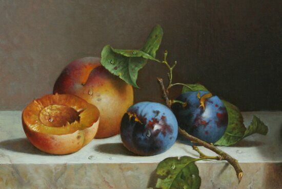 Still life with peaches and plums