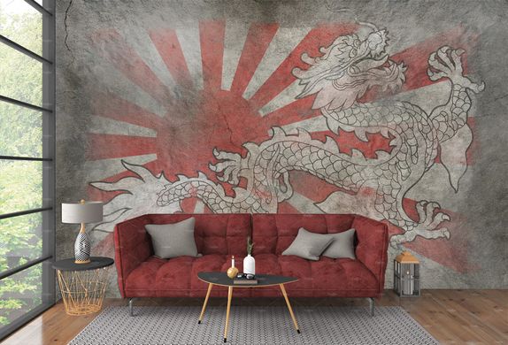 Desen al unui dragon pe un fundal de soare roșu cu raze
