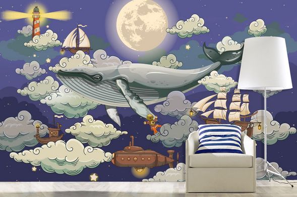 Balenă, far și corăbii în nori, albastru