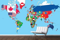 Harta lumii abstracte din steaguri ale diferitor tari pe un fundal albastru