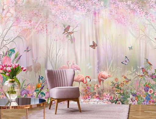 Фламинго, бабочки и птицы в цветущем розовом лесу