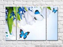 Fluturi și un buchet cu lalele albe și flori albastre