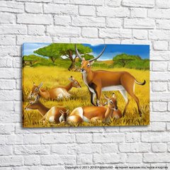 Семья антилоп на фоне полей и зеленых деревьев