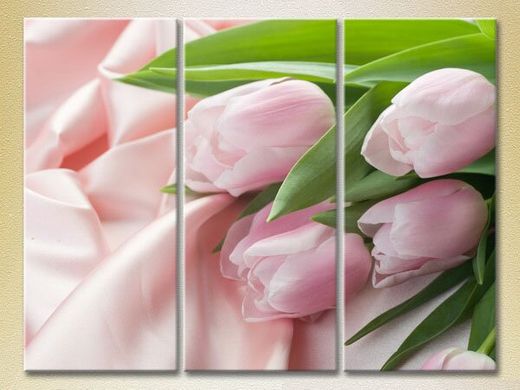 Триптих Розовые тюльпаны на шелковой ткани