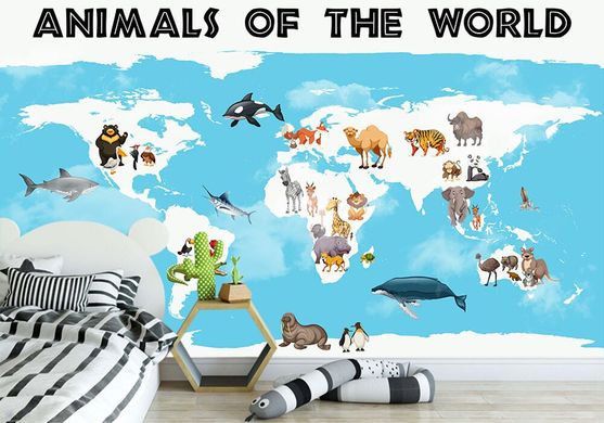 Абстрактная карта мира с животными из разных стран на голубом фоне